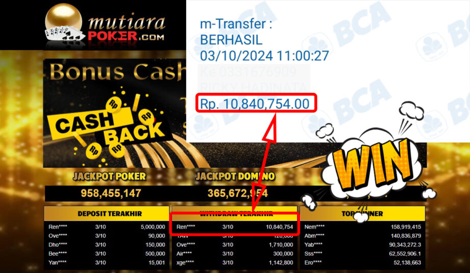 Bukti Withdraw ( 10,840,754,-) Member Setia Mutiarapoker