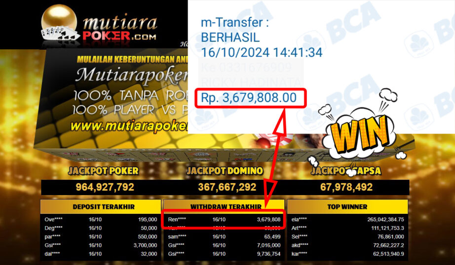 Bukti Withdraw ( 3,679,808,-) Member Setia Mutiarapoker