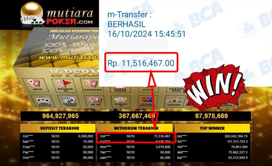 Bukti Withdraw ( 11,516,467,-) Member Setia Mutiarapoker