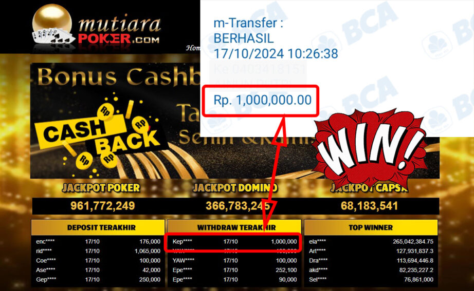 Bukti Withdraw ( 1,000,000,-) Member Setia Mutiarapoker