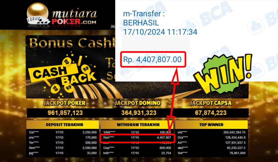 Bukti Withdraw ( 4,407,807,-) Member Setia Mutiarapoker