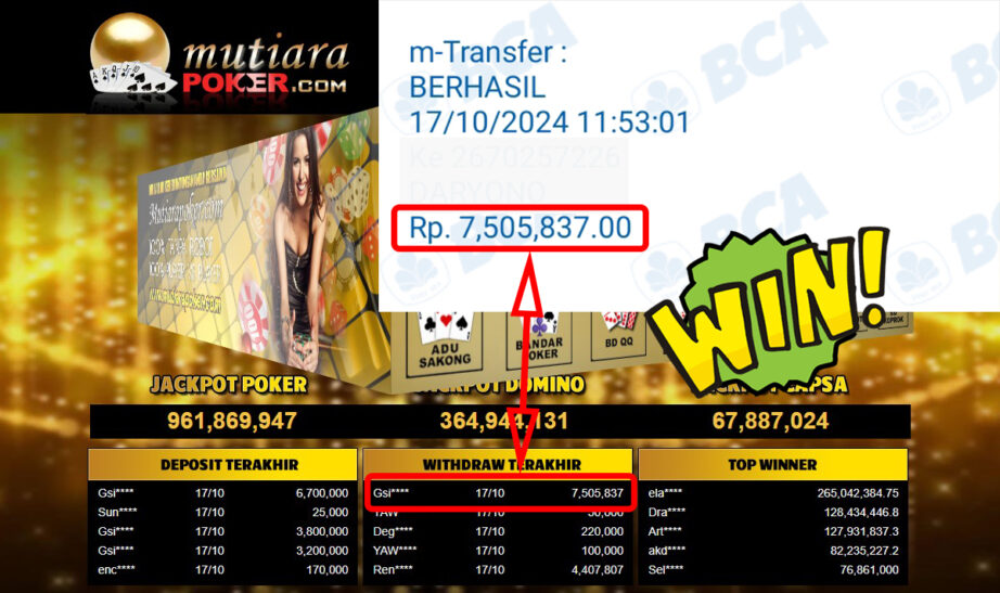 Bukti Withdraw ( 7,505,837,-) Member Setia Mutiarapoker