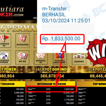 Bukti Withdraw ( 1,833,500,-) Member Setia Mutiarapoker