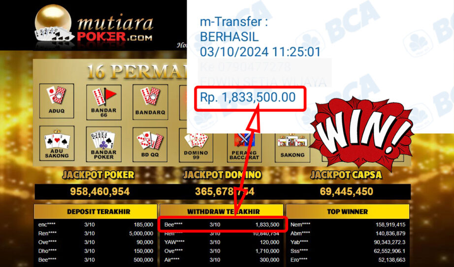 Bukti Withdraw ( 1,833,500,-) Member Setia Mutiarapoker