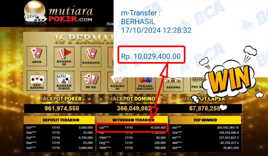 Bukti Withdraw ( 10,029,400,-) Member Setia Mutiarapoker