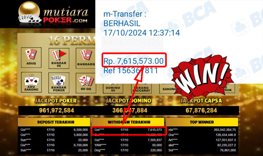 Bukti Withdraw ( 7,615,573,-) Member Setia Mutiarapoker