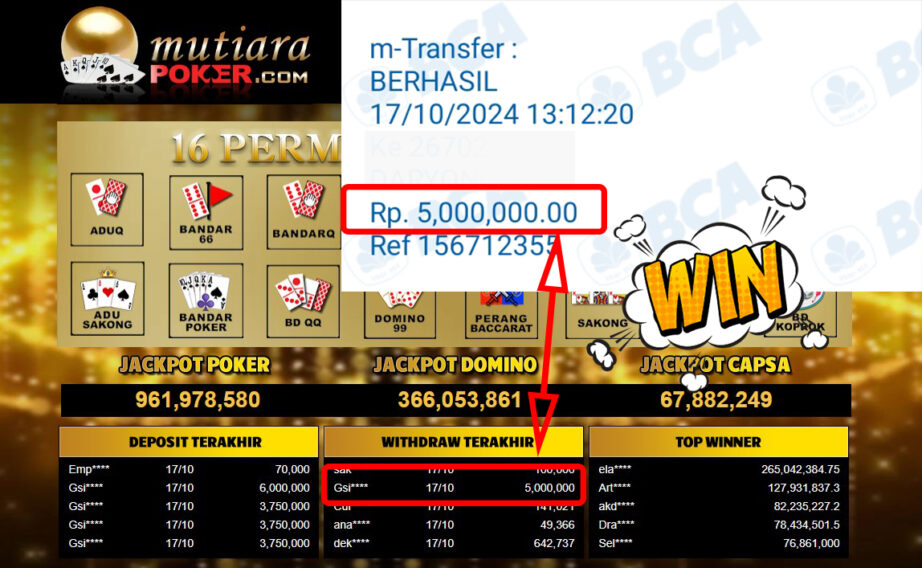 Bukti Withdraw ( 5,000,000,-) Member Setia Mutiarapoker