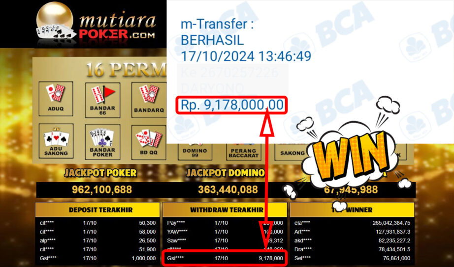 Bukti Withdraw ( 9,178,000,-) Member Setia Mutiarapoker