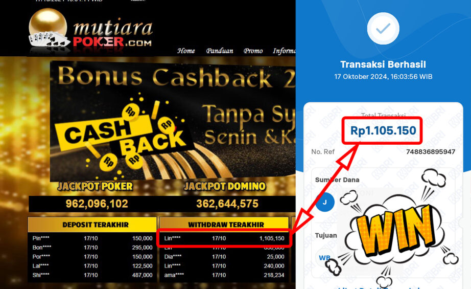 Bukti Withdraw ( 1,105,150,-) Member Setia Mutiarapoker