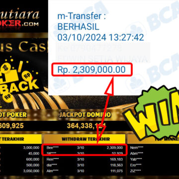 Bukti Withdraw ( 2,309,000,-) Member Setia Mutiarapoker