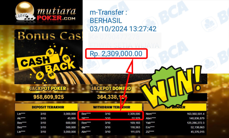 Bukti Withdraw ( 2,309,000,-) Member Setia Mutiarapoker