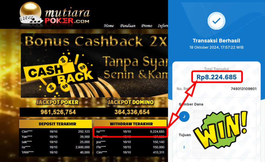 Bukti Withdraw ( 8,224,685,-) Member Setia Mutiarapoker