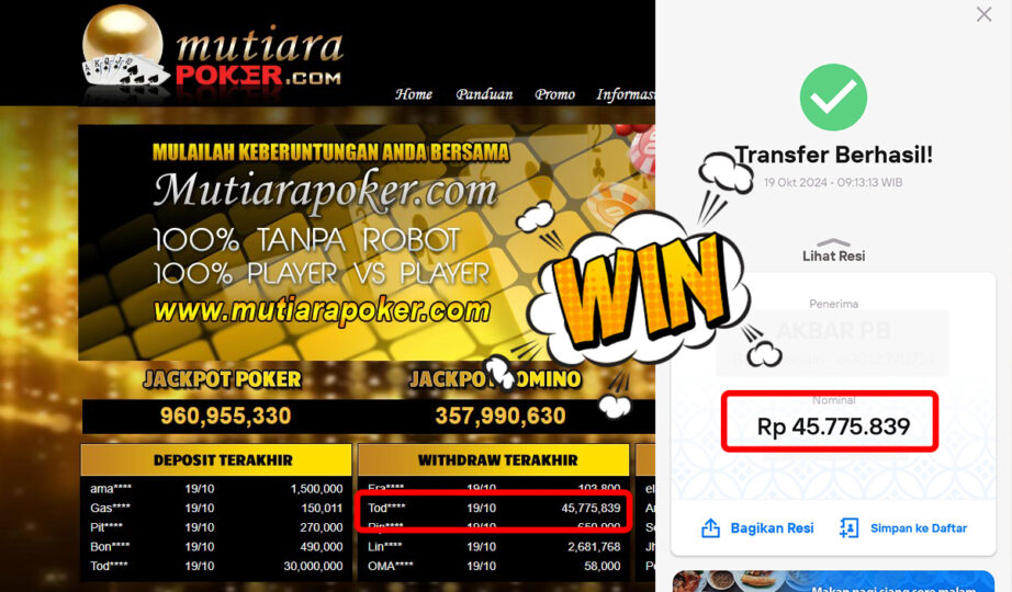 Bukti Withdraw ( 45,775,839,-) Member Setia Mutiarapoker