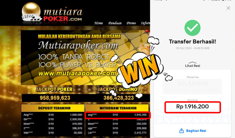 Bukti Withdraw ( 1,916,200,-) Member Setia Mutiarapoker