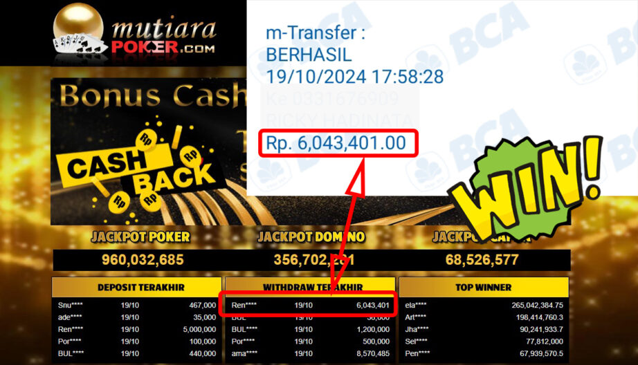 Bukti Withdraw ( 6,043,401,-) Member Setia Mutiarapoker