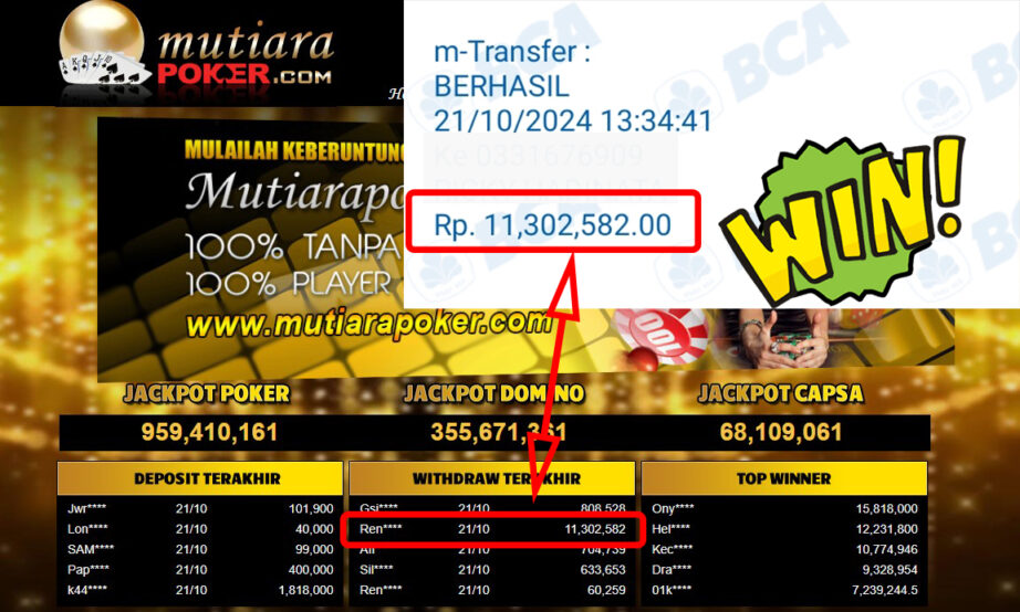 Bukti Withdraw ( 11,302,582,-) Member Setia Mutiarapoker