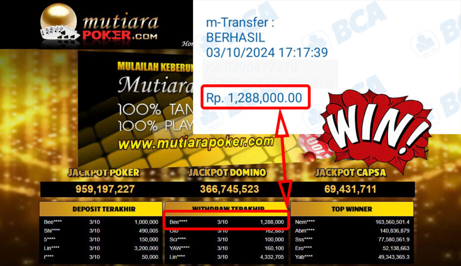 Bukti Withdraw ( 1,288,000,-) Member Setia Mutiarapoker