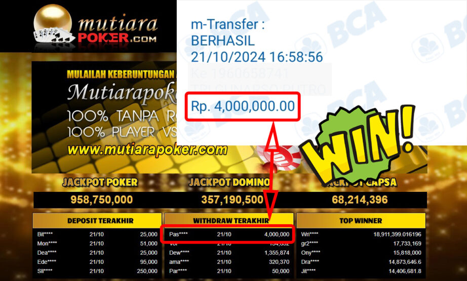 Bukti Withdraw ( 4,000,000,-) Member Setia Mutiarapoker