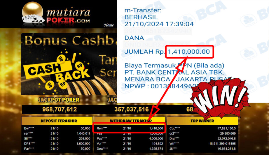 Bukti Withdraw ( 1,410,000,-) Member Setia Mutiarapoker