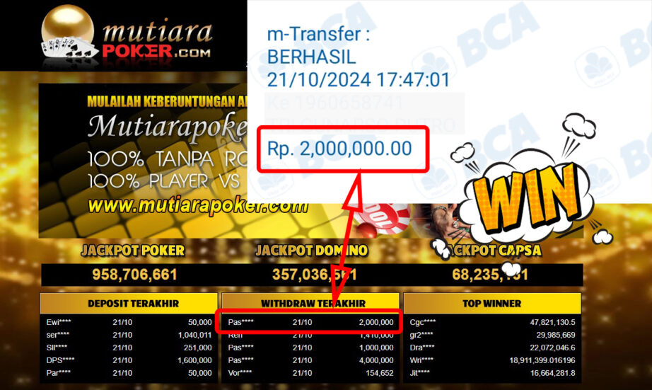 Bukti Withdraw ( 2,000,000,-) Member Setia Mutiarapoker