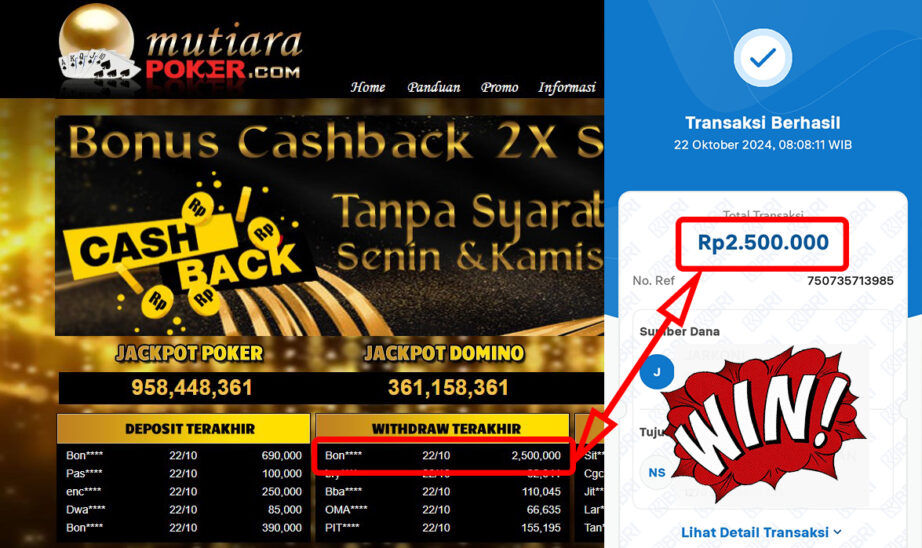 Bukti Withdraw ( 2,500,000,-) Member Setia Mutiarapoker