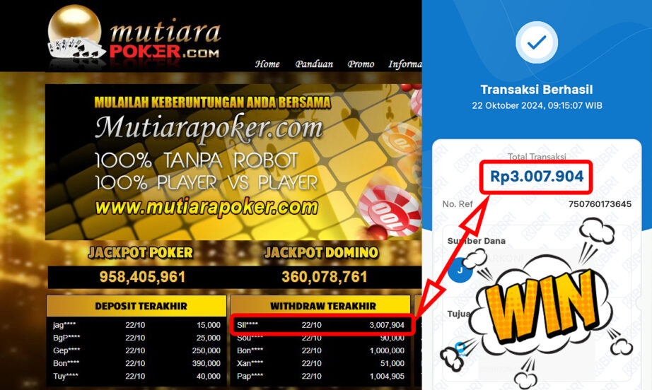 Bukti Withdraw ( 3,007,904,-) Member Setia Mutiarapoker