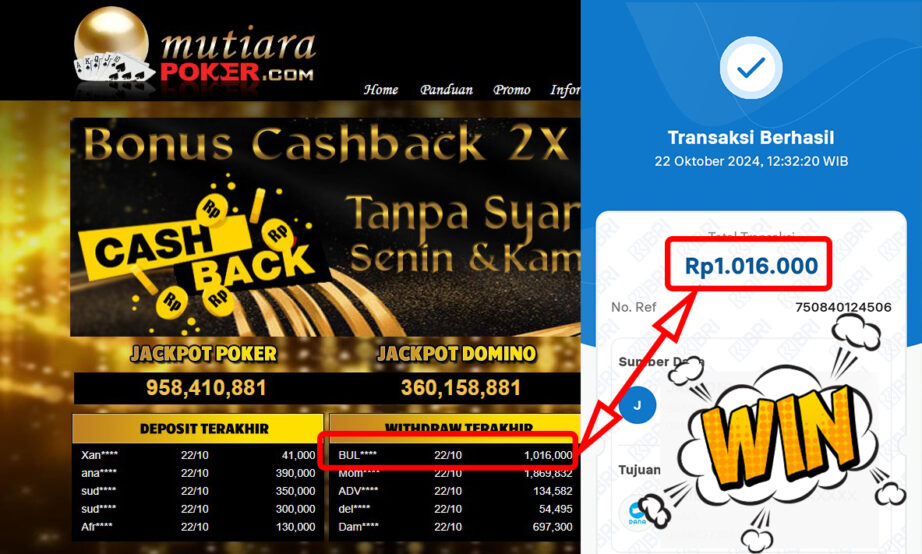 Bukti Withdraw ( 1,016,000,-) Member Setia Mutiarapoker