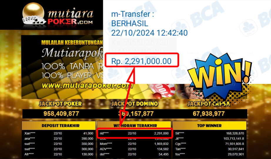 Bukti Withdraw ( 2,291,000,-) Member Setia Mutiarapoker