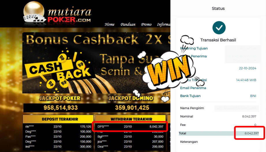 Bukti Withdraw ( 8,042,397,-) Member Setia Mutiarapoker