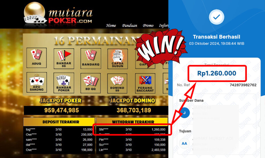 Bukti Withdraw ( 1,260,000,-) Member Setia Mutiarapoker