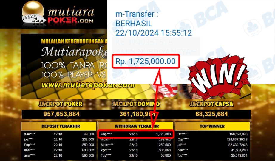 Bukti Withdraw ( 1,725,000,-) Member Setia Mutiarapoker