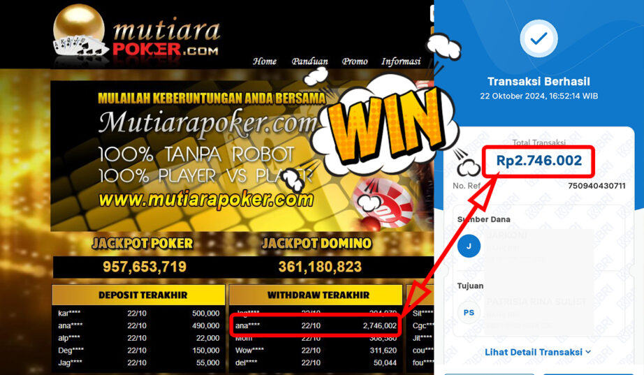 Bukti Withdraw ( 2,746,002,-) Member Setia Mutiarapoker