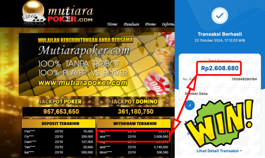 Bukti Withdraw ( 2,608,680,-) Member Setia Mutiarapoker