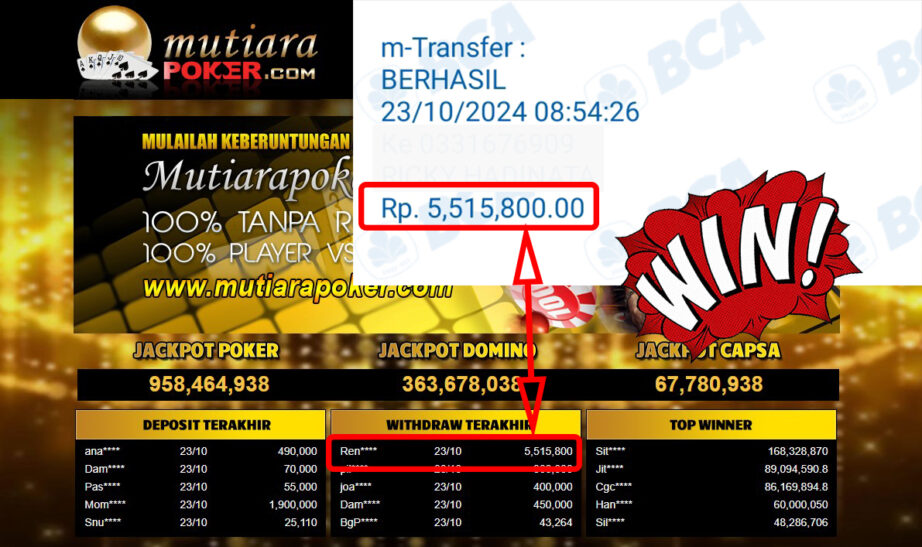 Bukti Withdraw ( 5,515,800,-) Member Setia Mutiarapoker