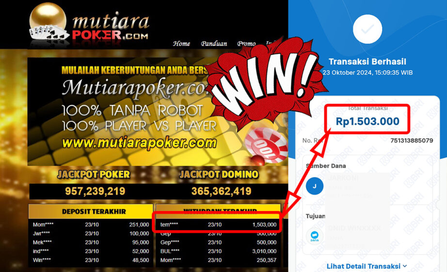 Bukti Withdraw ( 1,503,000,-) Member Setia Mutiarapoker