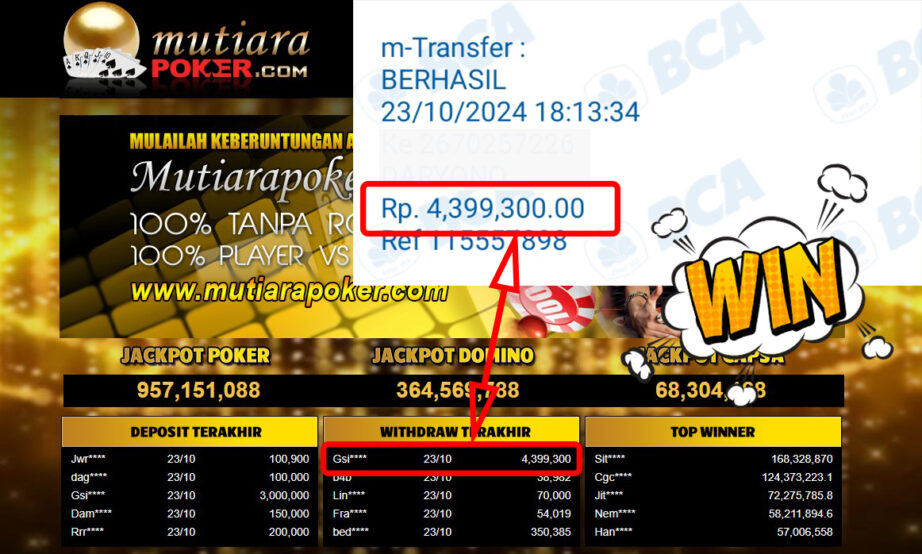 Bukti Withdraw ( 4,399,300,-) Member Setia Mutiarapoker