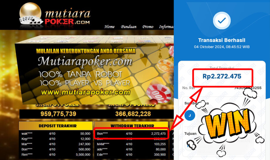 Bukti Withdraw ( 2,272,475,-) Member Setia Mutiarapoker