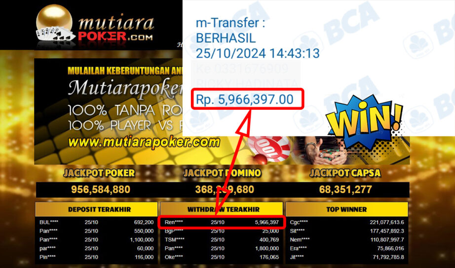 Bukti Withdraw ( 5,966,397,-) Member Setia Mutiarapoker