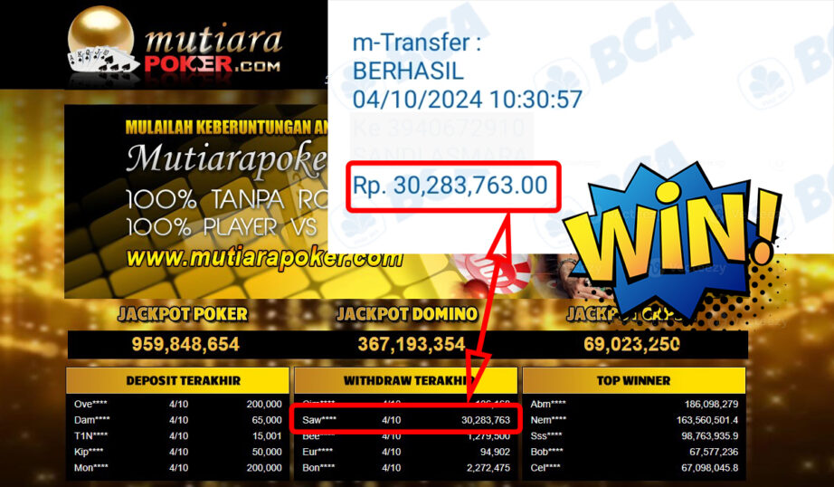 Bukti Withdraw ( 30,283,763,-) Member Setia Mutiarapoker