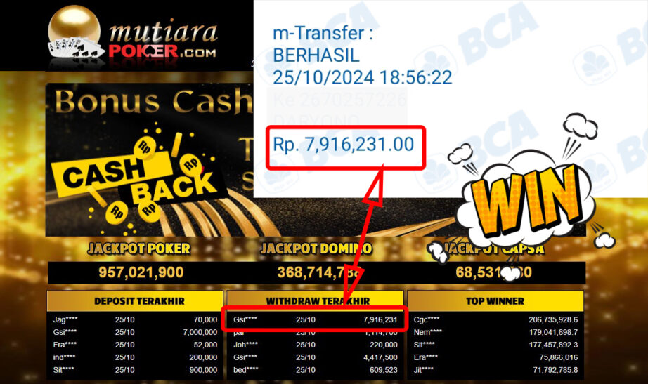 Bukti Withdraw ( 7,916,231,-) Member Setia Mutiarapoker