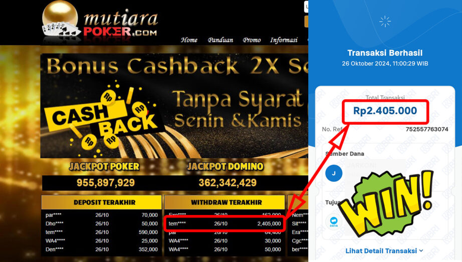 Bukti Withdraw ( 2,405,000,-) Member Setia Mutiarapoker