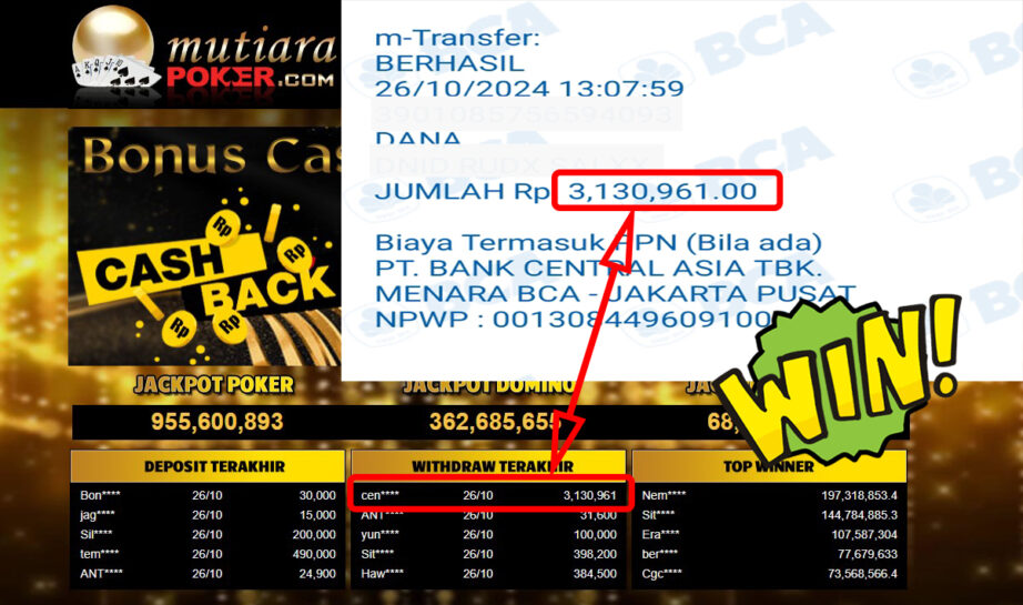 Bukti Withdraw ( 3,130,961,-) Member Setia Mutiarapoker