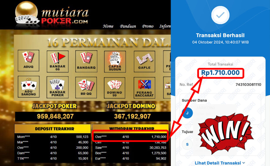 Bukti Withdraw ( 1,710,000,-) Member Setia Mutiarapoker