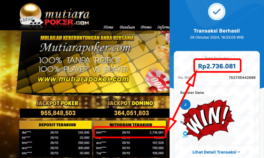 Bukti Withdraw ( 2,736,081,-) Member Setia Mutiarapoker