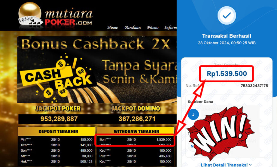 Bukti Withdraw ( 1,539,500,-) Member Setia Mutiarapoker