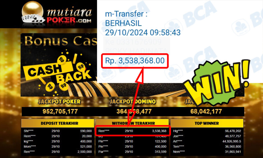 Bukti Withdraw ( 3,538,368,-) Member Setia Mutiarapoker