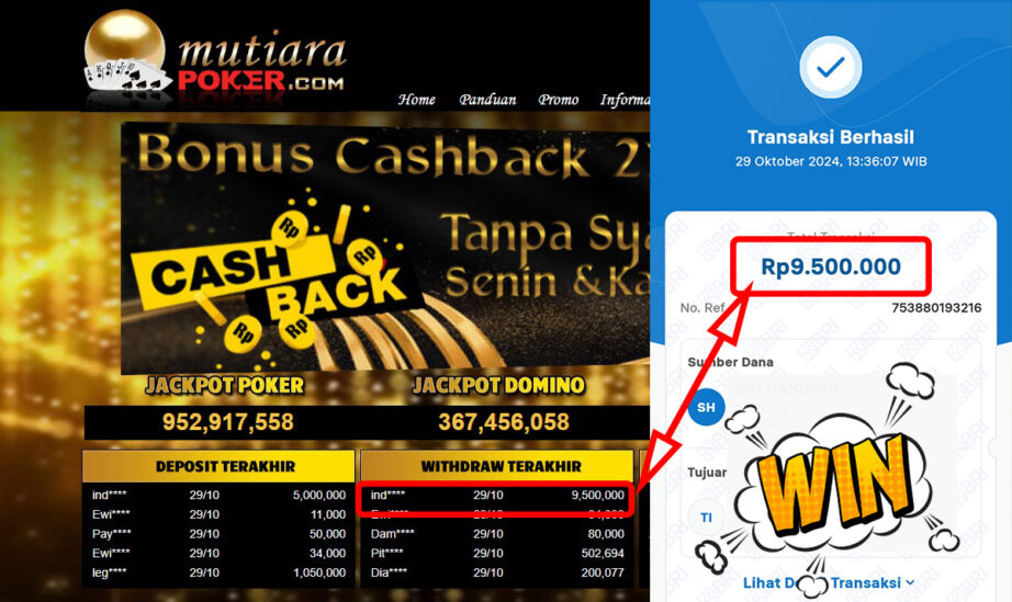 Bukti Withdraw ( 9,500,000,-) Member Setia Mutiarapoker