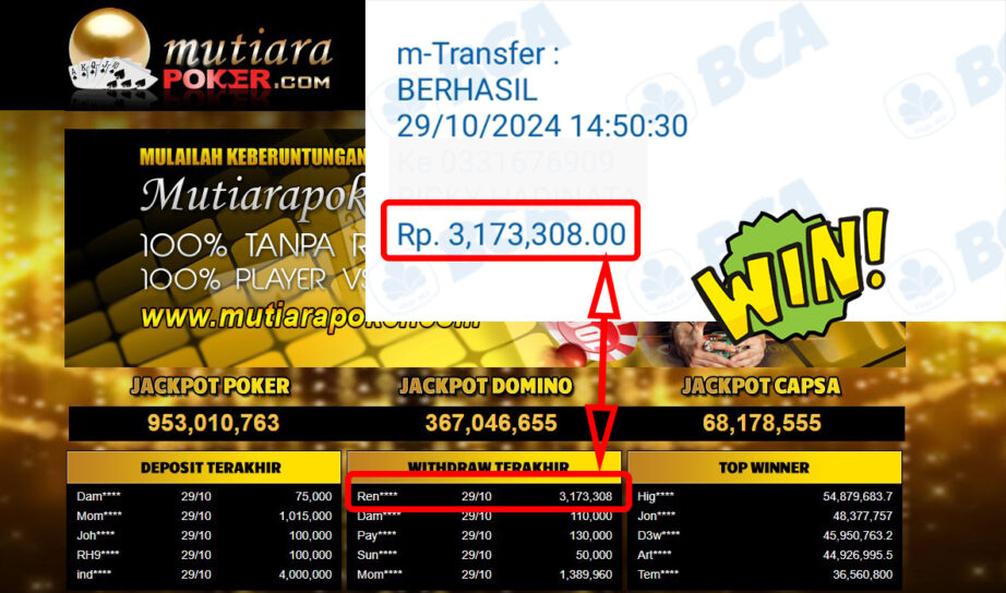 Bukti Withdraw ( 3,173,308,-) Member Setia Mutiarapoker