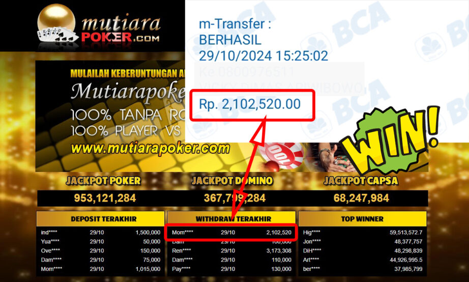 Bukti Withdraw ( 2,102,520,-) Member Setia Mutiarapoker