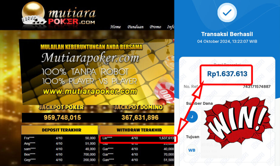 Bukti Withdraw ( 1,637,613,-) Member Setia Mutiarapoker